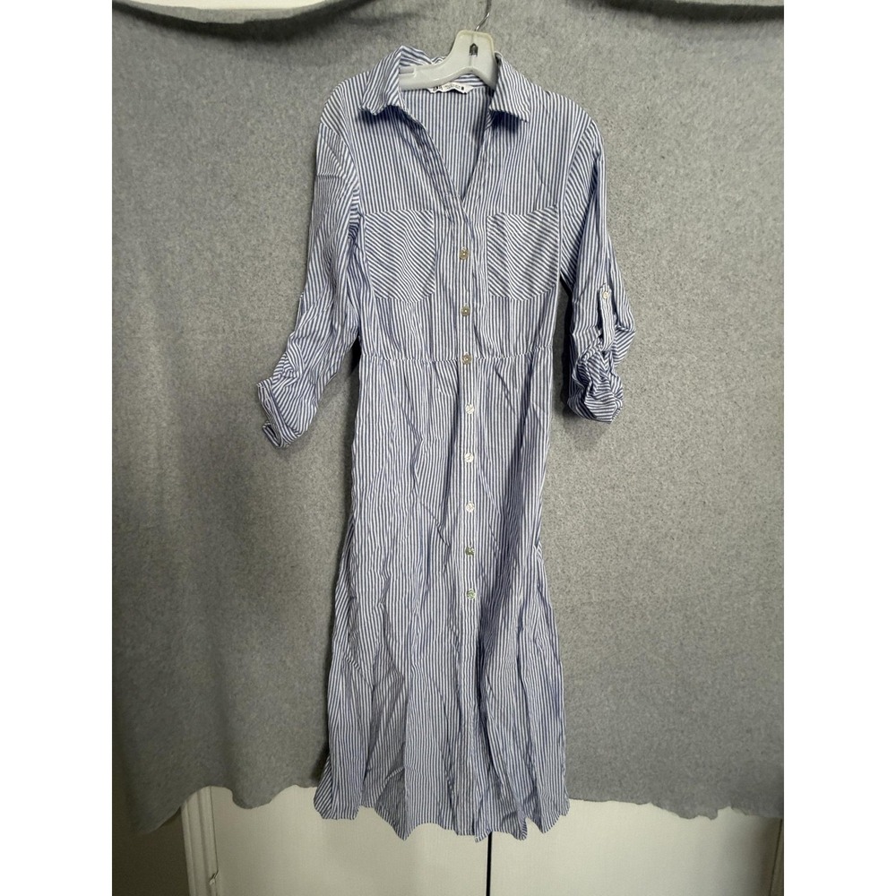 Zara Dress Womens M Blue Stripe Collared Button Front Shirt Maxi Cotton Blend
